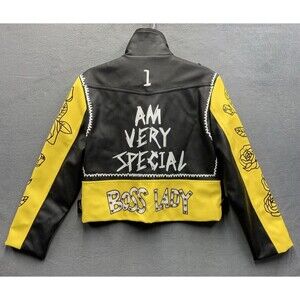 For Her Womens Boss Lady Graffiti Leather Jacket 81648 Black Yellow Size XL NEW
